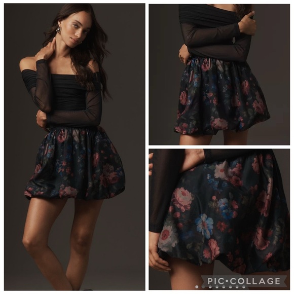 NWT new medium Anthropologie bubble skirt black floral pattern pockets elastic - Picture 1 of 15